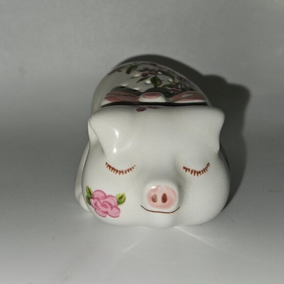 Avon Ceramic Pig Potpourri Holder Vintage Sleeping Pig Floral Figurine 1980s - Picture 1 of 6